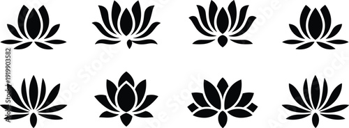 Silhouette lotus flower icons collection, eight unique petal designs, decorative floral art, nature inspired botanical illustration concept