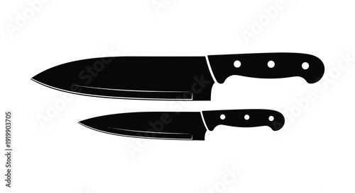 A stark black and white illustration depicts two kitchen knives one larger chef s knife and a smaller paring knife side by side