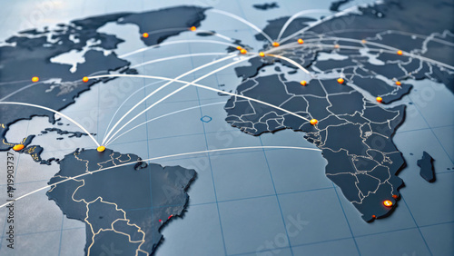 A digital world map showing global connectivity with multiple nodes and lines representing international data or communication links.