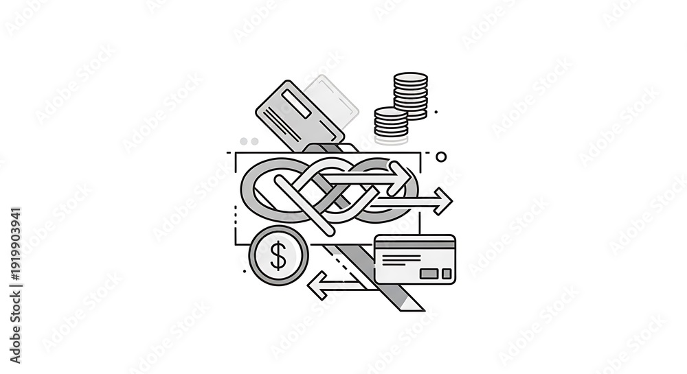 Obraz premium Financial transaction process illustrated with intertwined elements of payment and currency exchange