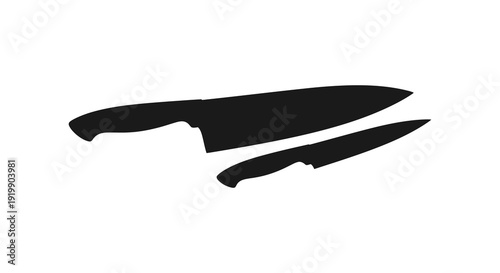 A stark black silhouette depicts two kitchen knives of varying sizes angled diagonally across a white background