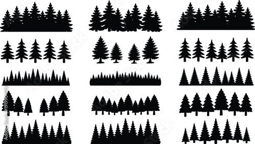 Pine forest silhouette vector collection, evergreen trees borders and woodland landscape sets, decorative nature conifer illustration bundle