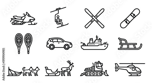 Different winter transport kind of vehicle in silhouette including snowmobile ski lift vector set