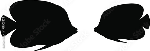 Two tropical fish silhouettes facing each other in minimalist black vector style isolated on white background for design and branding projects