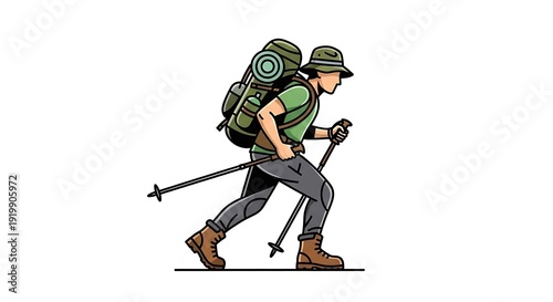 Hiker walking with trekking poles and backpack in outdoor environment, viewed from side