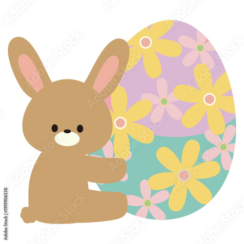 イースターエッグを抱える茶色いウサギのイラスト