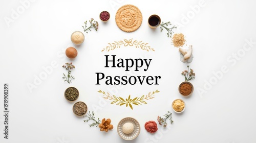 A festive passover arrangement with matzah, wine, and symbolic foods on a white background