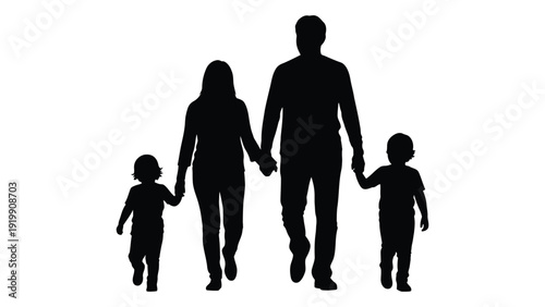 A silhouette of a family of four walking together, holding hands, against a white background. isolated on white background, Vector