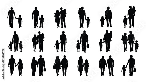 Diverse silhouettes of people standing and interacting in various group formations isolated on white background, Vector