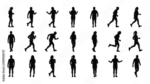 Diverse silhouettes of people engaged in various activities and poses. isolated on white background, Vector