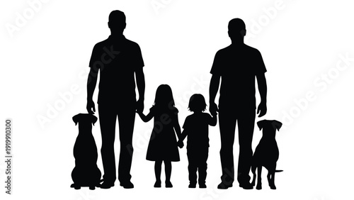 A family of four with their two dogs enjoying a day out together isolated on white background, Vector