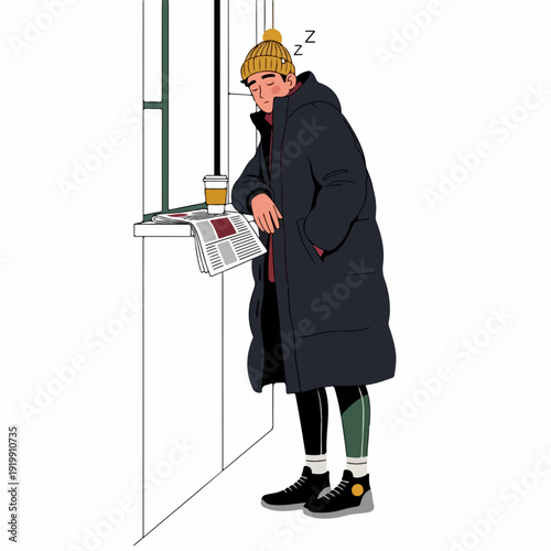 Illustration of a person in a puffer coat and beanie taking a quick nap standing, with coffee and newspaper beside them on a ledge.