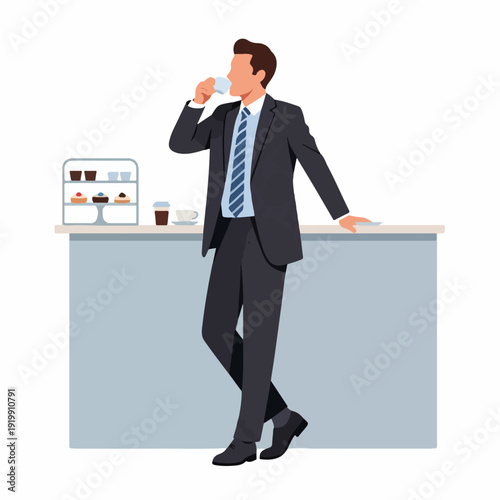 Businessman in a suit takes a coffee break, leaning on a cafe counter with pastries. Flat vector illustration depicting professional relaxation during work.