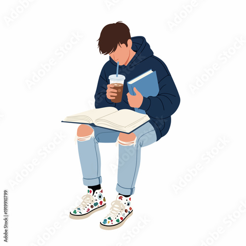 Young person in a blue hoodie and ripped jeans, focused on reading a book while enjoying an iced coffee. Modern casual student lifestyle illustration.