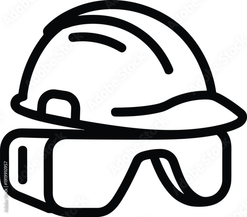 Black and white of a hard hat and safety goggles construction protective gear