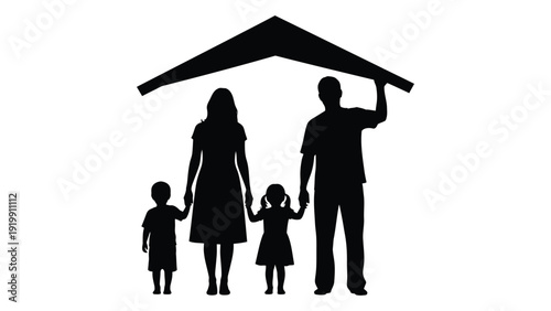 A silhouette of a family of four standing under a roof isolated on white background, Vector