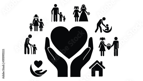 Hands cradling a heart symbolizing community and support with diverse icons around it. isolated on white background, Vector