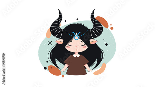 Taurus zodiac sign illustration featuring a girl with long black hair and bull horns decorated with stars and planet shapes.