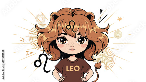 Cute leo zodiac girl wearing a lion costume with mane and ears featuring sun symbols and astrology theme elements.