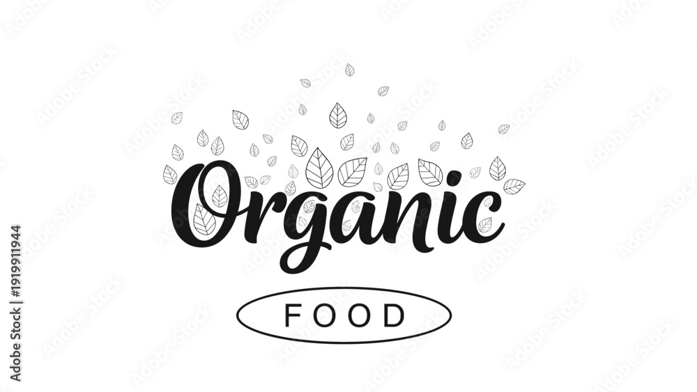Fototapeta premium Hand drawn organic food typography design with various falling leaf illustrations for healthy and natural lifestyle.