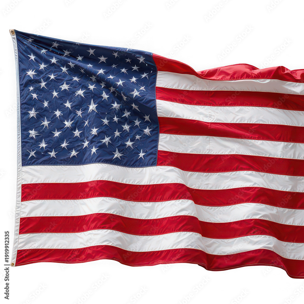Obraz premium Majestic american flag waving proudly against a dark background showcasing fifty stars and thirteen alternating red and white stripes symbolizing unity and freedom