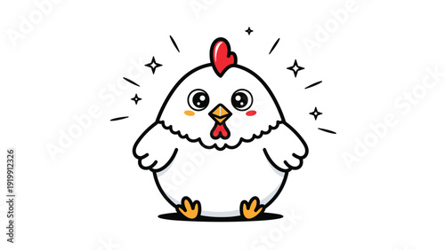 Adorable chubby white chicken character with big eyes and sparkles on a white background for farm and pet theme.
