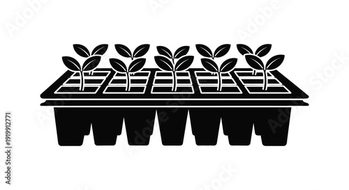 A minimalist black and white illustration depicts a seedling tray with six young plants suggesting growth and gardening