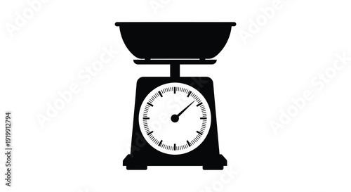A stark black and white silhouette depicts a vintage mechanical scale with a circular weighing pan high quality professional detailed