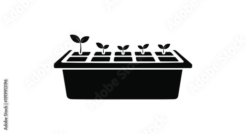 A simple black and white illustration depicts a seedling tray with several small plants in various stages of growth