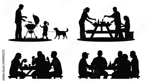 Family enjoying a barbecue in their backyard with their dog. isolated on white background, Vector