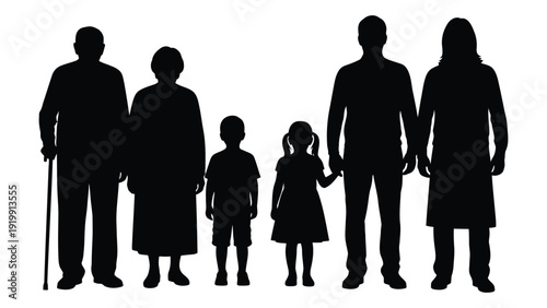 A diverse family of six standing together in silhouette against a white background isolated on white background, Vector