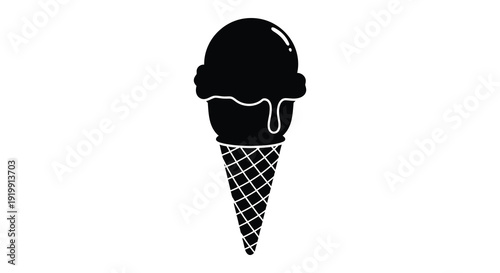 A stark black and white illustration depicts a single scoop of ice cream in a waffle cone high quality professional