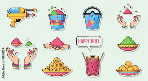 Colorful holi festival celebration elements with powder and water