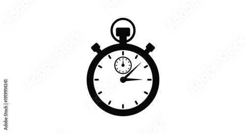 A black and white illustration depicts a classic stopwatch with a circular face and a prominent button