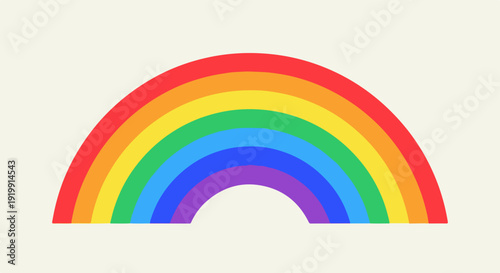 Vibrant rainbow arc with multicolored stripes against a plain beige background symbolizing hope and diversity in a simple graphic design