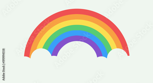 Vibrant rainbow with colorful spectrum arc over white clouds on light background symbolizing hope and diversity