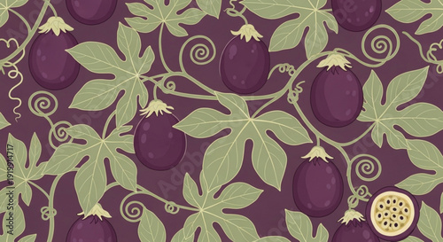 Vibrant purple eggplant pattern with green leaves and vines on dark background decorative vegetable illustration