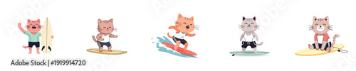 Surfing Cats character collection summer beach flat vector cute animal surfers set