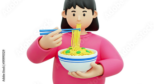 3D Render of Person Eating Noodles with Chopsticks
