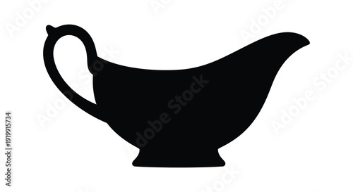 A black silhouette depicts a classic gravy boat with a curved handle and pouring spout high quality professional