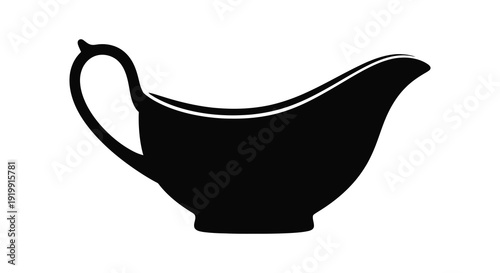 A stark black silhouette depicts a gravy boat showcasing its curved form and elegant handle high quality professional