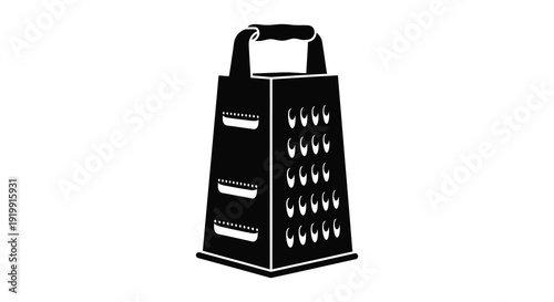 A stark black and white illustration depicts a box grater with a handle showcasing its various grating surfaces high quality