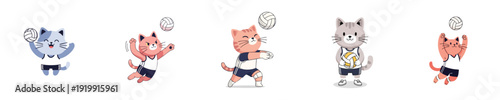 Volleyball Cats character set cute animal players flat vector sport action collection