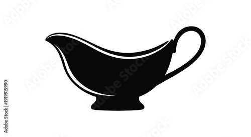A black and white silhouette depicts a classic gravy boat with a handle suggesting dining and culinary applications