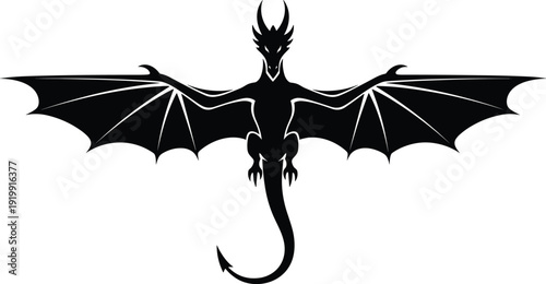 Symmetrical flying dragon silhouette with wide wings isolated on white background fantasy creature vector illustration for gaming logo emblem design