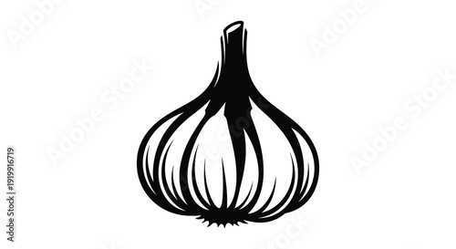 A stark black and white illustration depicts a single bulb of garlic showcasing its organic form and cloves high quality