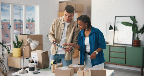 Bild auf Leinwand Boxes, tablet and talking with people in logistics office for delivery or distribution tracking