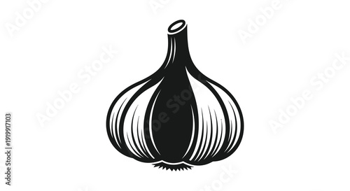 A stark black and white illustration depicts a single whole bulb of garlic with visible segments high quality professional detailed