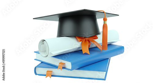 Graduation cap, diploma and books