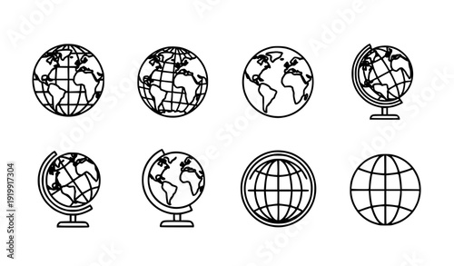 World Globe Line Icon Set Earth Planet Meridians Web Symbol Vector Collection Transparent Background